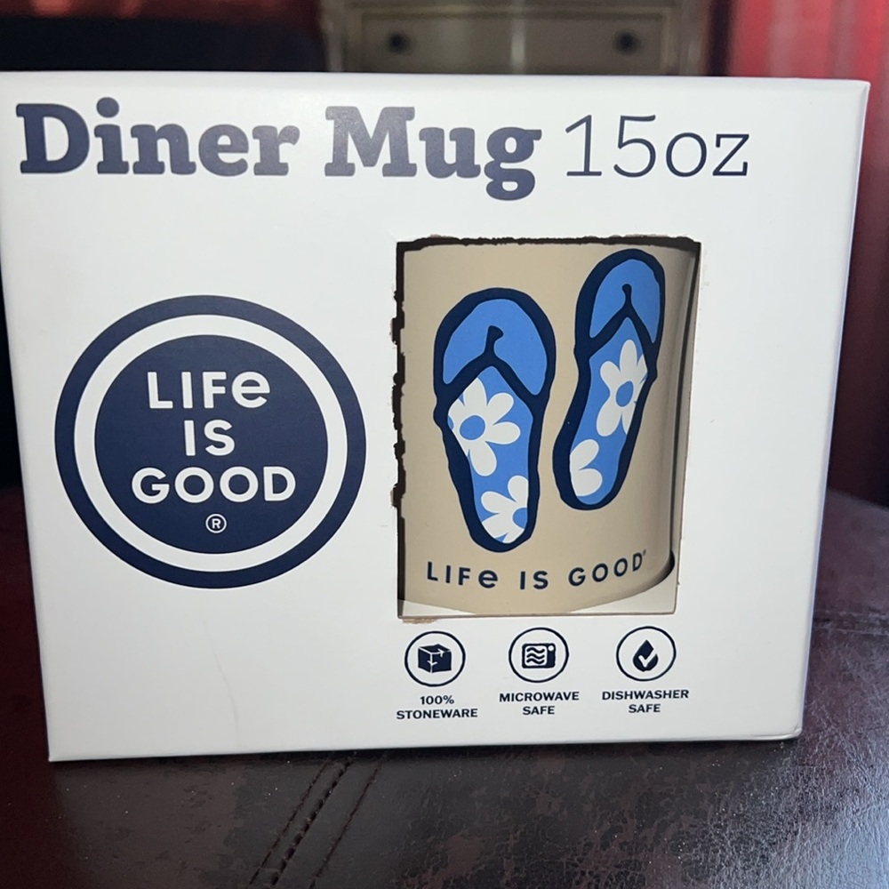 Life is Good Diner Coffee Mug 15 oz - Flip Flop Blue - Ceramic *NEW*
